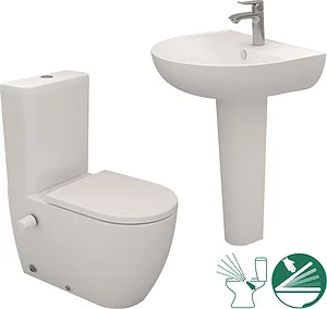 Sanipure Vega Bathroom Set, Pergamon Back-to-Wall Hydrojet Toilet with Soft-Close Seat & Cover and 60 cm Basin with Full Pedestal