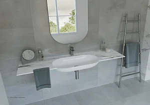 Sanipure Capsule Wall-Hung Solid Surface Basin 0016032, 150 × 48 cm with 2 Towel Holders 20 cm, Mixer Hole and without Overflow — Grey (001603205)