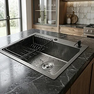 حوض مطبخ استانلس كورجي هاند ميد PK 6050 BL HN اسود 60 × 50 سم عُمق 23 سم بصفاية اطباق وديسبنسر صابون ومجموعة الصرف 3 بوصة