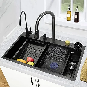 حوض مطبخ سمارت 75 × 45 بالمضخة وحنفية الفلتر هاند ميد اسود        