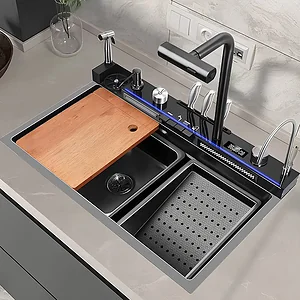 حوض سمارت استانلس 75 × 46  4 زرار بخلاط دوار وشطافة العمار اسود