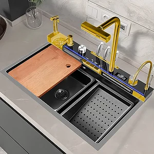 حوض سمارت استانلس 75 × 46  4 زرار بخلاط دوار وشطافة العمار اسود×ذهبي     