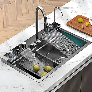 حوض مطبخ سمارت ديجيتال بيانو كورينا كوري KSM 750 BL Digital شفة فلات 46 × 75 سم اسود 5 زرار بجميع المشتملات