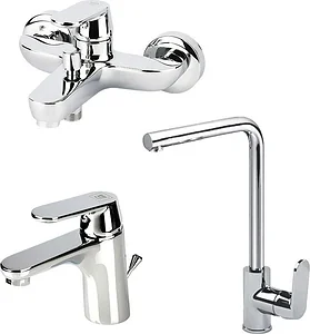 طقم خلاط حمام 3 قطع ( خلاط بانيو 1013 بالمحول و خلاط حوض شجرة 1011 بالفيداج وخلاط مطبخ فرانكفورت 3091 ) اللون كروم من BGI