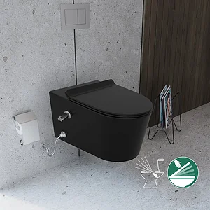Sanipure Titan 25424975 Wall-Hung Toilet with Hydrojet Internal Bidet Spray, Soft-Close Plastic Toilet Seat & Cover and Fixing Set, Black
