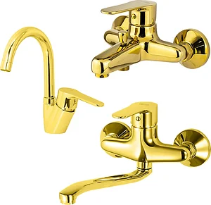 Global Standard Mira Plus 3-Piece Mixer Set, Gold: Tall Basin Mixer with Swivel Spout 1043, Bath Mixer 1011 and Wall-Mounted Kitchen Mixer with Lower Spout 1014