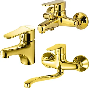 Global Standard Mira Plus 3-Piece Mixer Set, Gold: Basin Mixer 1010, Bath Mixer 1011 and Wall-Mounted Kitchen Mixer with Lower Spout 1014