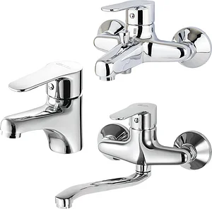 Global Standard Mira Plus 3-Piece Mixer Set, Chrome: Basin Mixer 1010, Bath Mixer 1011 & Wall-Mounted Kitchen Mixer with Lower Spout 1014