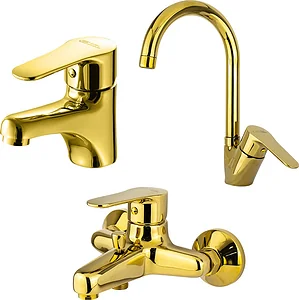 Global Standard Mira Plus 3-Piece Mixer Set, Gold: Basin Mixer 1010, Bath Mixer 1011 & Pillar Kitchen Mixer 1044