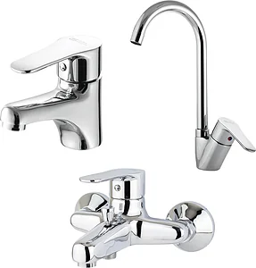 Global Standard Mira Plus 3-Piece Mixer Set, Chrome: Basin Mixer 1010, Bath Mixer 1011 & Pillar Kitchen Mixer 1044
