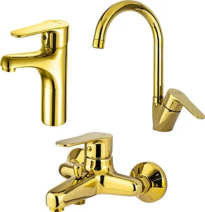 Global Standard Mira Plus 3-Piece Mixer Set, Gold: Medium Basin Mixer 1042, Bath Mixer 1011 & Pillar Kitchen Mixer 1044