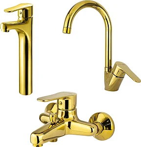 Global Standard Mira Plus 3-Piece Mixer Set, Gold: Tall Basin Mixer 1041, Bath Mixer 1011 & Pillar Kitchen Mixer 1044
