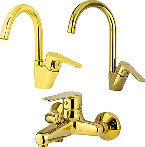 Global Standard Mira Plus 3-Piece Mixer Set, Gold: Tall Basin Mixer with Swivel Spout 1043, Bath Mixer 1011 & Pillar Kitchen Mixer 1044