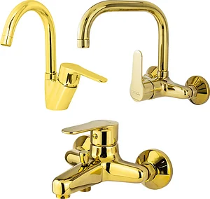Global Standard Mira Plus 3-Piece Mixer Set, Gold: Tall Basin Mixer with Swivel Spout 1043, Bath Mixer 1011 & Wall-Mounted Kitchen Mixer with Upper Spout 1045