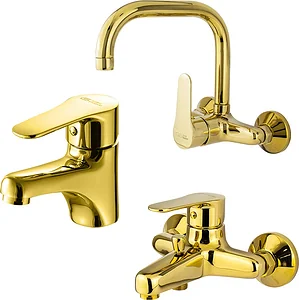 Global Standard Mira Plus 3-Piece Mixer Set, Gold: Basin Mixer 1010, Bath Mixer 1011, and Wall-Mounted Kitchen Mixer with Upper Spout 1045