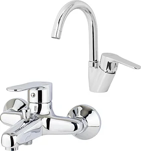 Global Standard Mira Plus 2-Piece Mixer Set, Chrome: Tall Basin Mixer with Swivel Spout 1043 and Bath Mixer 1011