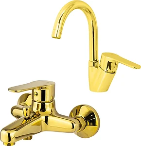 Global Standard Mira Plus 2-Piece Mixer Set, Gold: Tall Basin Mixer with Swivel Spout 1043 and Bath Mixer 1011