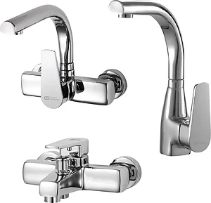 Global Standard Miral 3-Piece Mixer Set, Chrome: Tall Basin Mixer 1028, Bath Mixer 1021 and Wall-Mounted Kitchen Mixer 1023