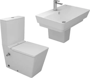 Sanipure Kepler Bathroom Set White, Back-to-Wall Toilet Combination with Soft-Close Seat & Cover and 70 cm Basin with Half Pedestal
