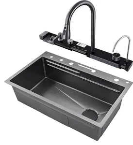 حوض مطبخ سمارت ديجيتال بيانو TS SD 750 B شفة فلات 45 × 75 سم  اسود 5 ازرار بجميع المشتملات