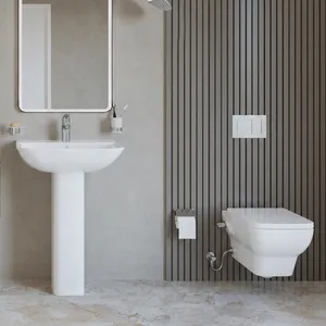 طقم حمام هانزجروهي جريك تايد Q White مرحاض معلق بالسيديلي ذاتى الغلق والشطاف الداخلي وحوض 60 cm With Full Pedestal