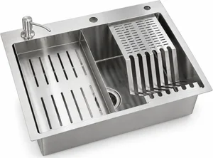حوض مطبخ Stainless Steel الفا AL 5848 M8 هاند ميد شفة Flat 58 × 48 cm سُمك 0.8 مللي 3 فتحات بصفاية اطباق ومضخة صابون ومجموعة الصرف 3 بوصة
