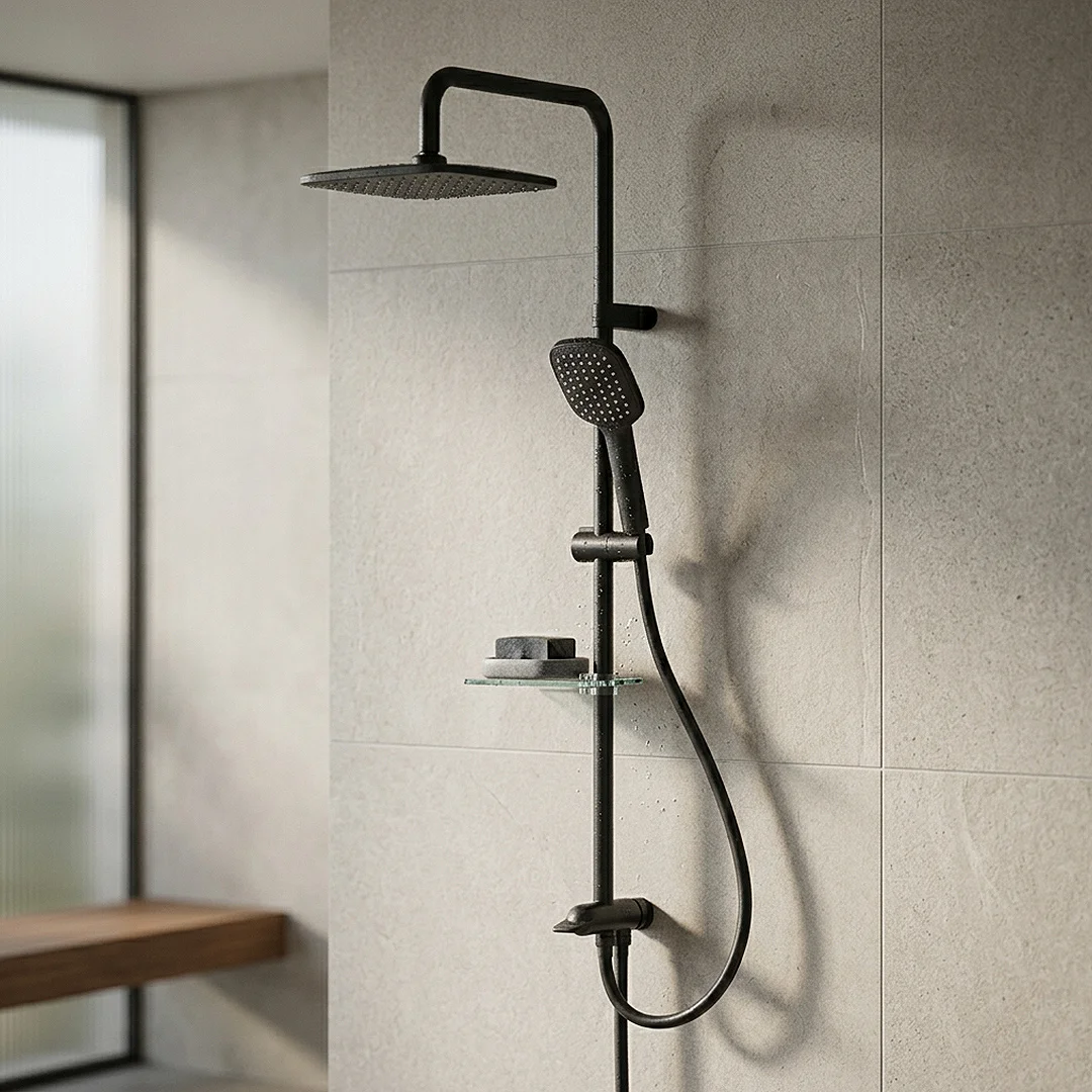 Teska Joy DR 10321801B 2 × 1 Shower Column, Chrome with 22 cm Black Square Shower Head and Thermal Hose