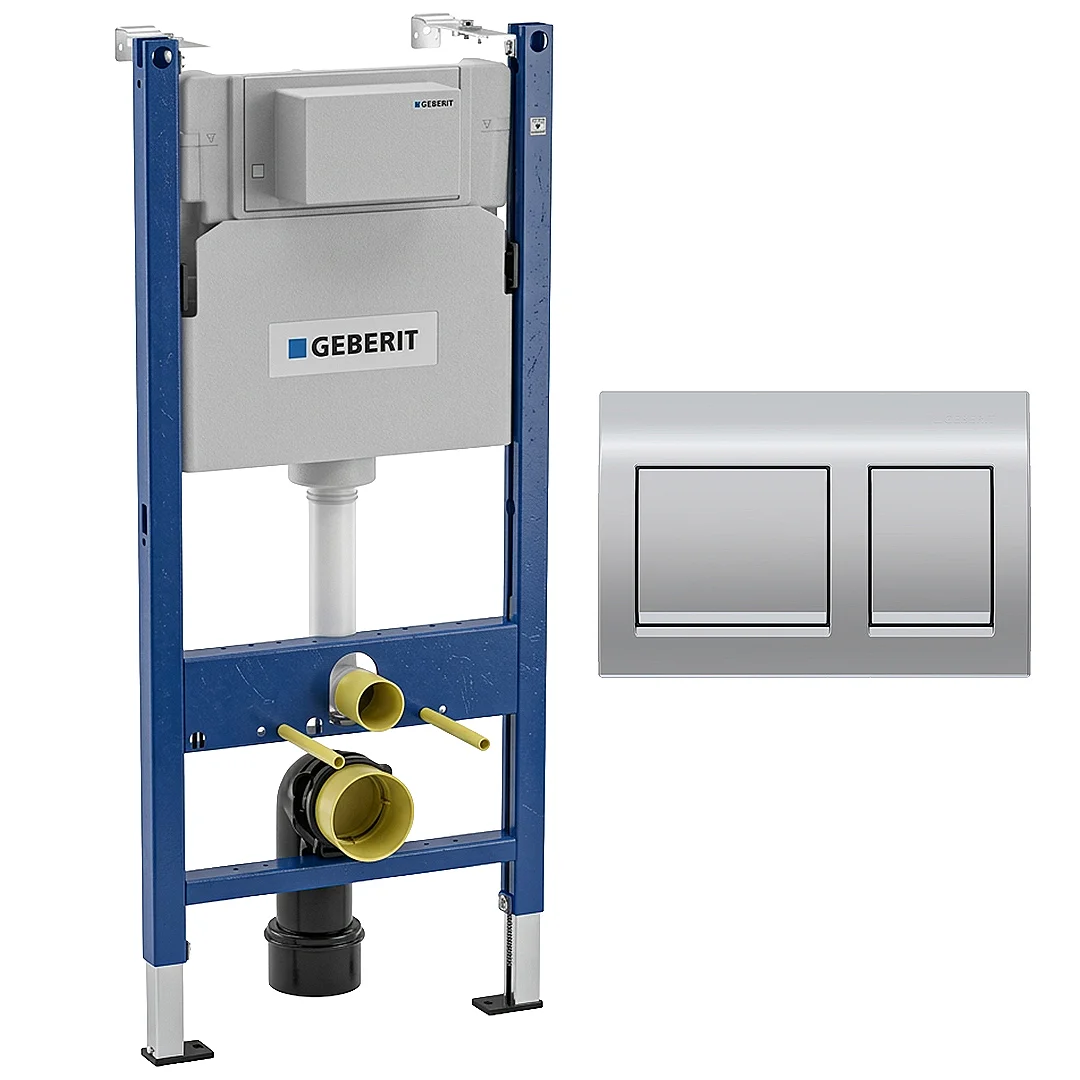 Geberit Duofix Alpha 458233001 Full Frame Concealed Cistern, 12 cm Thickness, with Round Glossy Chrome Flush Plate 115040215