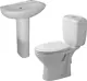 Duravit DuraPlus Bathroom Set, White, P-Trap Toilet Combination with Lite Toilet Seat & Cover and Basin 60 cm with Full Pedestal - Image 1